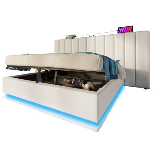 Lit Coffre 180x200 Cm, Rangement Caché, LED 360 Degrés Et Ports USB Type C, Métal, Bois, Pu, Blanc