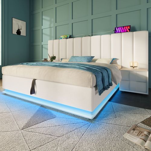 Lit Coffre 180x200 Cm, Rangement Caché, LED 360 Degrés Et Ports USB Type C, Métal, Bois, Pu, Blanc