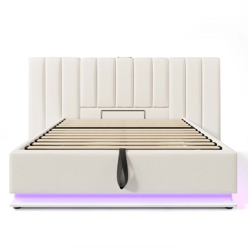 Lit Coffre 180x200 Cm, Rangement Caché, LED 360 Degrés Et Ports USB Type C, Métal, Bois, Pu, Blanc