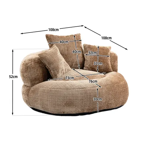Fauteuil Pouf 108x108x52 Cm, Dossier Haut Ergonomique Avec Accoudoirs, Chenille, Couleur Café