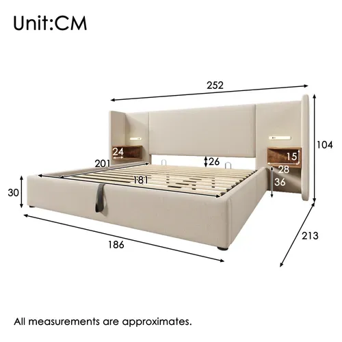 Lit Coffre 180x200 Cm, Tête De Lit Avec Rangements, 2 Chevets, USB Type C, Lin, Métal, Beige
