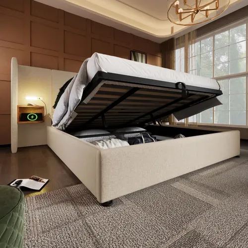 Lit Coffre 180x200 Cm, Tête De Lit Avec Rangements, 2 Chevets, USB Type C, Lin, Métal, Beige