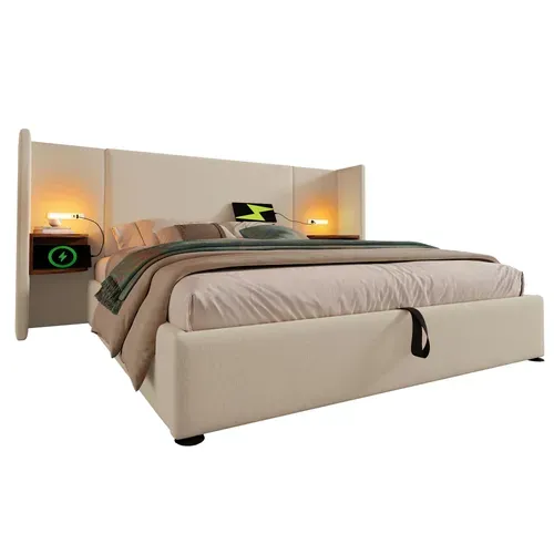 Lit Coffre 180x200 Cm, Tête De Lit Avec Rangements, 2 Chevets, USB Type C, Lin, Métal, Beige