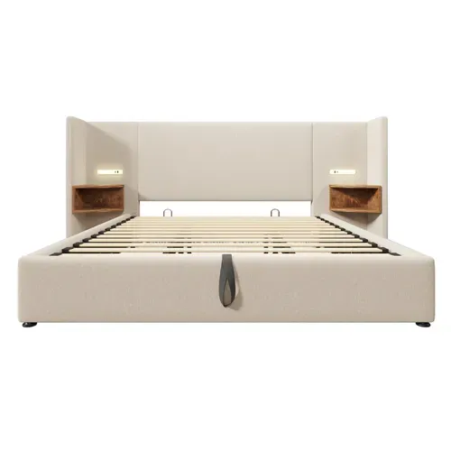 Lit Coffre 180x200 Cm, Tête De Lit Avec Rangements, 2 Chevets, USB Type C, Lin, Métal, Beige