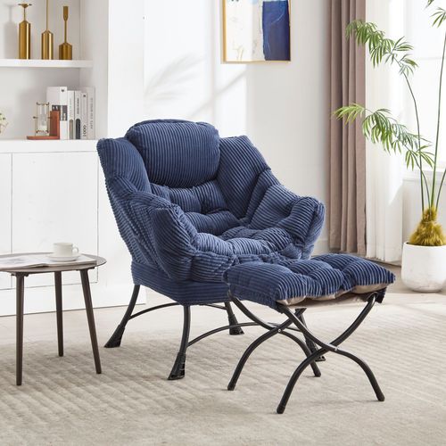 Fauteuil Relax Avec Repose-pieds 80x64x95 Cm, Ergonomique, Poche Latérale, Acier, Bleu Marine