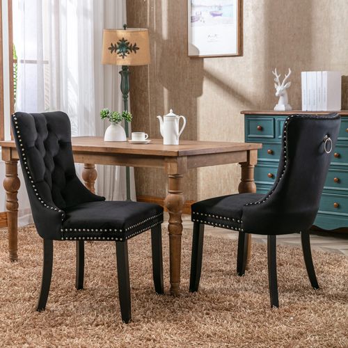 Lot De 2 Chaises Moderne 62x50x95 Cm, Dossier Haut, Bois, Velours Noir, Rivets Décoratifs
