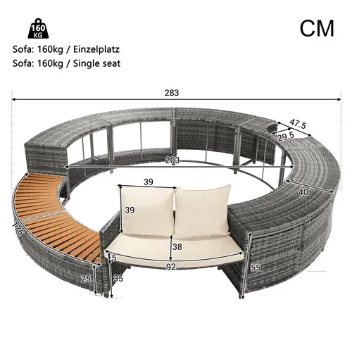 Salon De Jardin Rond 283x283x55 Cm, Rangement Avec 2 Portes, Pe Rotin Et Acier, Gris+bois