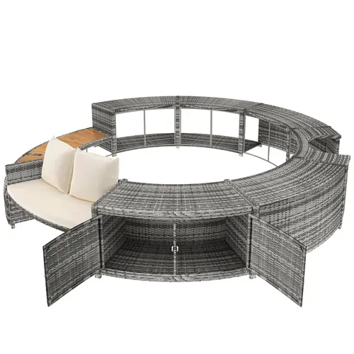 Salon De Jardin Rond 283x283x55 Cm, Rangement Avec 2 Portes, Pe Rotin Et Acier, Gris+bois