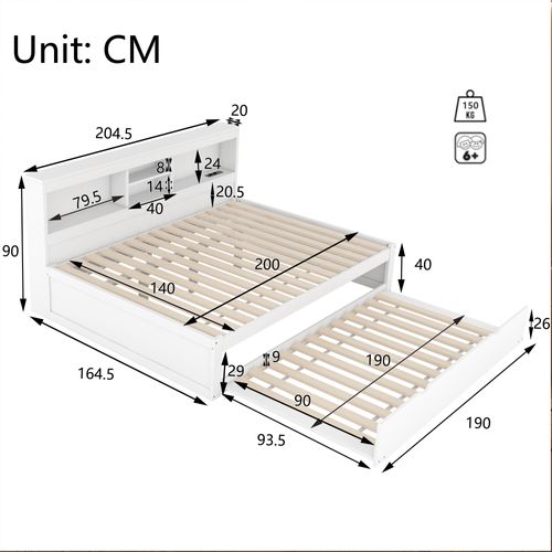 Lit Double 140x200 Cm,  Lit Gigogne 90x190 Cm, LED, Prises USB, Mdf, Panneaux De Particules, Blanc