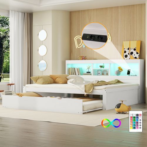 Lit Double 140x200 Cm,  Lit Gigogne 90x190 Cm, LED, Prises USB, Mdf, Panneaux De Particules, Blanc