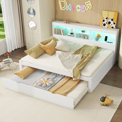 Lit Double 140x200 Cm,  Lit Gigogne 90x190 Cm, LED, Prises USB, Mdf, Panneaux De Particules, Blanc