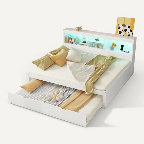 Lit Double 140x200 Cm,  Lit Gigogne 90x190 Cm, LED, Prises USB, Mdf, Panneaux De Particules, Blanc
