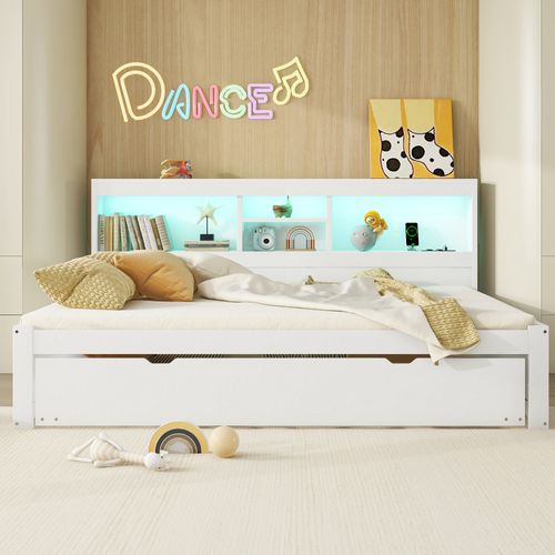 Lit Double 140x200 Cm,  Lit Gigogne 90x190 Cm, LED, Prises USB, Mdf, Panneaux De Particules, Blanc