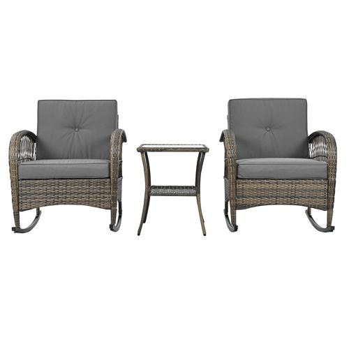Salon De Jardin 3 Pièces,  2 Fauteuils à Bascule, Table Verre Trempé, Métal Rotin, Coussins, Gris
