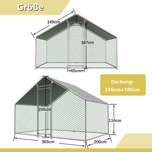 Enclos Poulailler 3 X 2 X 2m, Toile Pe Étanche, Structure Métal Galvanisé, Serrure, Vert Et Argent