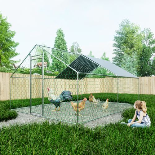 Enclos Poules 3x4x2 M, Serrure De Sécurité, Acier Galvanisé, Bâche Pe Imperméable, Vert Et Argent