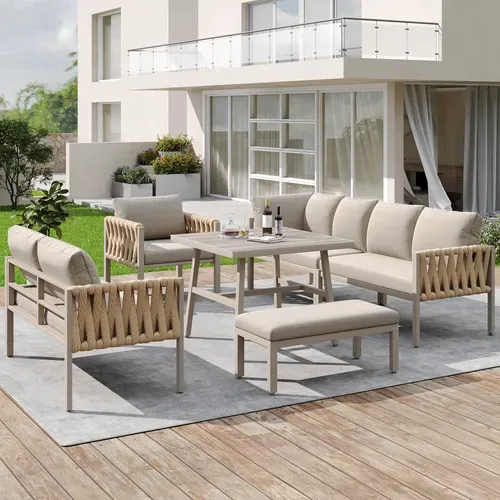 Salon De Jardin, Ensemble Canapé D’angle 238 Cm, Table Verre Trempé, Métal, Beige