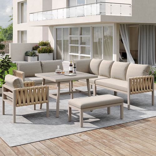 Salon De Jardin, Ensemble Canapé D’angle 238 Cm, Table Verre Trempé, Métal, Beige
