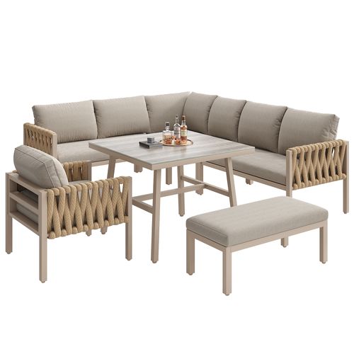 Salon De Jardin, Ensemble Canapé D’angle 238 Cm, Table Verre Trempé, Métal, Beige
