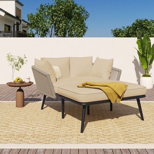 Canapé De Jardin Double, 130x120x67 Cm, Coussins 10 Cm, Acier, Polyester, Coloris Kaki+noir