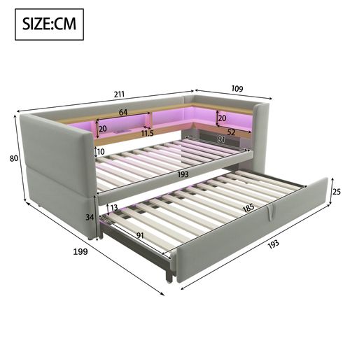 Canapé-lit Convertible, Lit Gigogne 90/180x190 Cm, LED, Prises USB,  4 Niches, Flanelle Gris Clair