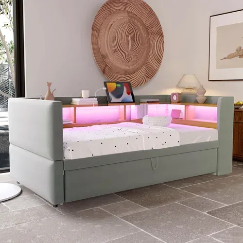Canapé-lit Convertible, Lit Gigogne 90/180x190 Cm, LED, Prises USB,  4 Niches, Flanelle Gris Clair