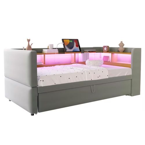 Canapé-lit Convertible, Lit Gigogne 90/180x190 Cm, LED, Prises USB,  4 Niches, Flanelle Gris Clair