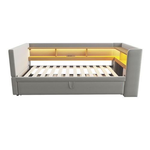 Canapé-lit Convertible, Lit Gigogne 90/180x190 Cm, LED, Prises USB,  4 Niches, Flanelle Gris Clair