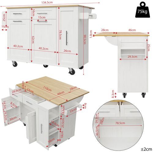 Îlot De Cuisine 134.5x46-74x90.5 Cm, Plan Rabattable, Rangements Extensibles, Mdf, Métal, Blanc+bois