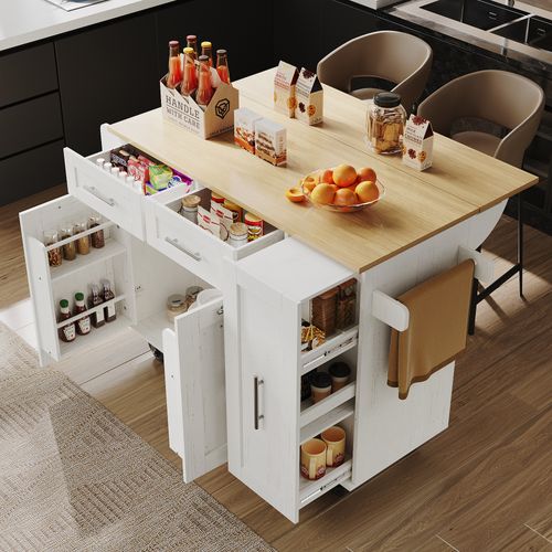 Îlot De Cuisine 134.5x46-74x90.5 Cm, Plan Rabattable, Rangements Extensibles, Mdf, Métal, Blanc+bois