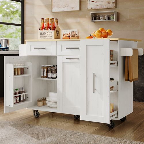 Îlot De Cuisine 134.5x46-74x90.5 Cm, Plan Rabattable, Rangements Extensibles, Mdf, Métal, Blanc+bois
