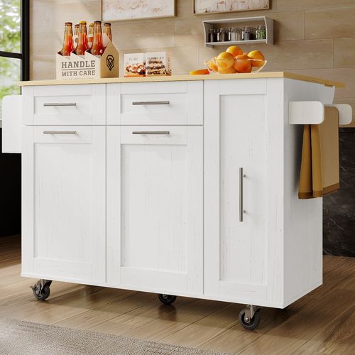Îlot De Cuisine 134.5x46-74x90.5 Cm, Plan Rabattable, Rangements Extensibles, Mdf, Métal, Blanc+bois