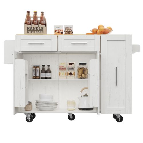 Îlot De Cuisine 134.5x46-74x90.5 Cm, Plan Rabattable, Rangements Extensibles, Mdf, Métal, Blanc+bois