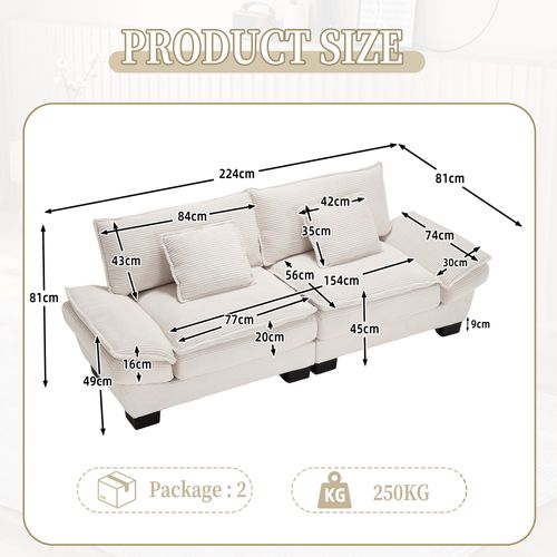 Canapé 2 Places 224x81x81 Cm, Assise Profonde, 2 Coussins Interchangeable, Velours, Beige
