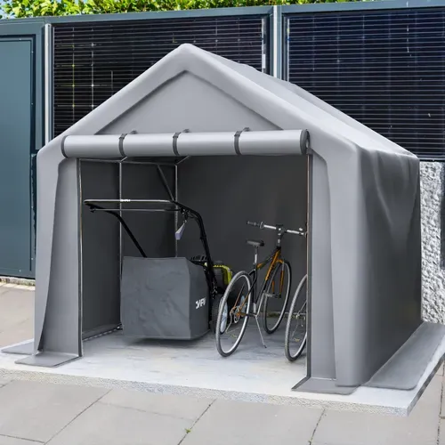 Abri à Vélos Extérieur 244x241x217 Cm, Porte Enroulable, Acier Galvanisé, Toile Pe, Gris Foncé