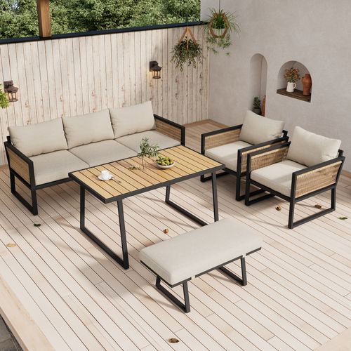 Salon De Jardin 5 Pièces, Canapé 3 Places, 2 Fauteuil, Pouf, Table, Acier Galvanisé, Beige+noir+bois