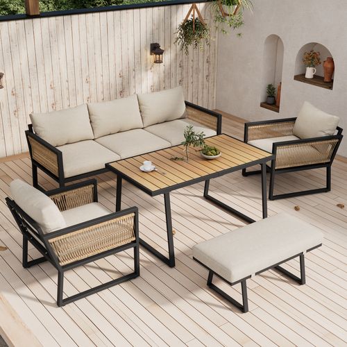 Salon De Jardin 5 Pièces, Canapé 3 Places, 2 Fauteuil, Pouf, Table, Acier Galvanisé, Beige+noir+bois
