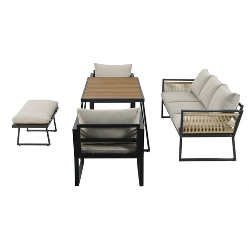 Salon De Jardin 5 Pièces, Canapé 3 Places, 2 Fauteuil, Pouf, Table, Acier Galvanisé, Beige+noir+bois