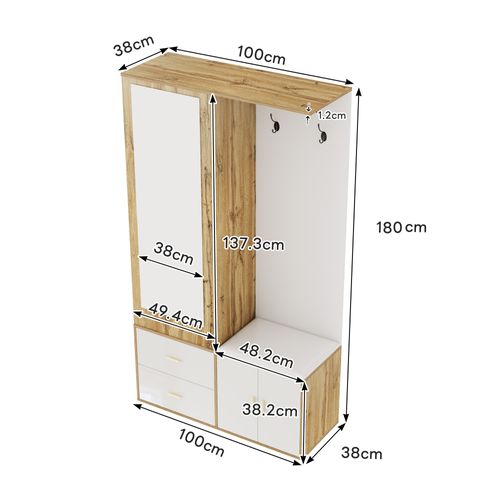 Meuble D'entrée 100x38x180 Cm, Miroir Et Banc Avec Rangement, Panneau De Particules, Blanc+bois