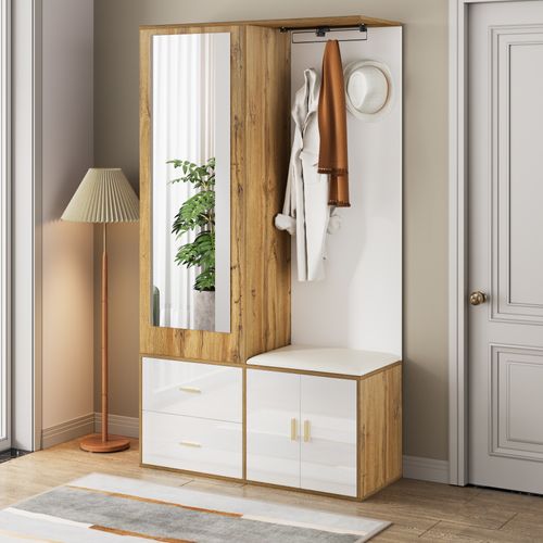 Meuble D'entrée 100x38x180 Cm, Miroir Et Banc Avec Rangement, Panneau De Particules, Blanc+bois