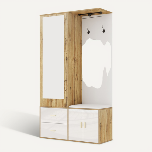 Meuble D'entrée 100x38x180 Cm, Miroir Et Banc Avec Rangement, Panneau De Particules, Blanc+bois
