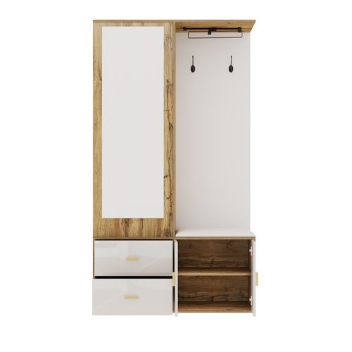 Meuble D'entrée 100x38x180 Cm, Miroir Et Banc Avec Rangement, Panneau De Particules, Blanc+bois