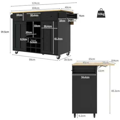 Îlot De Cuisine 124x40/65x91.5 Cm, Plateau Rabattable 65 Cm, Multifonction, Mdf, Noir+bois