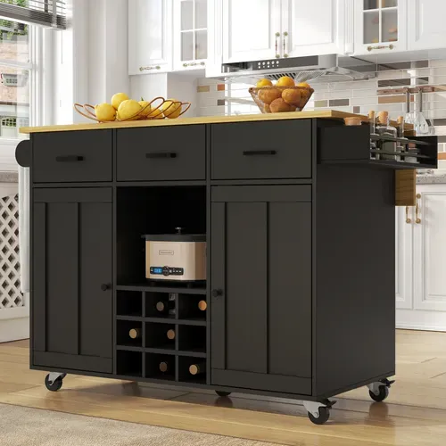 Îlot De Cuisine 124x40/65x91.5 Cm, Plateau Rabattable 65 Cm, Multifonction, Mdf, Noir+bois