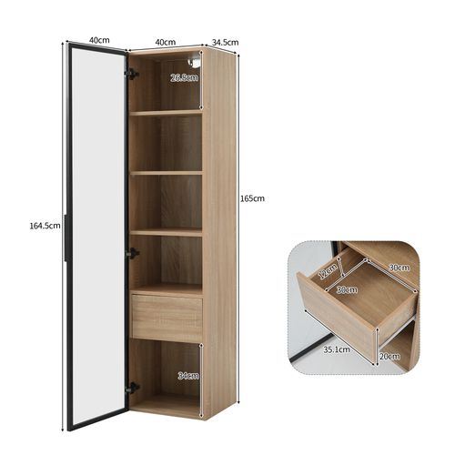 Meuble Salle De Bain 40x34.5x165 Cm, Bande Lumineuse, 1 Tiroir, 1 Porte Vitrée, Mdf, Naturel