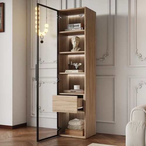 Meuble Salle De Bain 40x34.5x165 Cm, Bande Lumineuse, 1 Tiroir, 1 Porte Vitrée, Mdf, Naturel