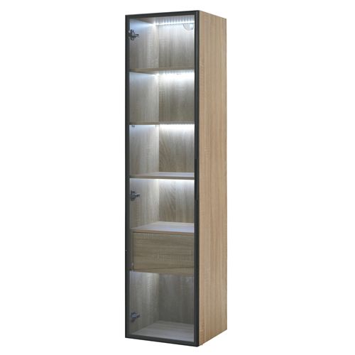 Meuble Salle De Bain 40x34.5x165 Cm, Bande Lumineuse, 1 Tiroir, 1 Porte Vitrée, Mdf, Naturel
