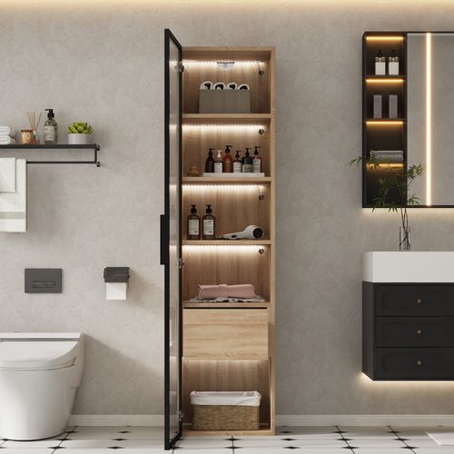 Meuble Salle De Bain 40x34.5x165 Cm, Bande Lumineuse, 1 Tiroir, 1 Porte Vitrée, Mdf, Naturel