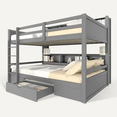 Lit Superposé 90x200 Cm, Barrière De Sécurité, 1 Tiroir, 6 Niches Latérales, Bois De Pin, Mdf, Gris