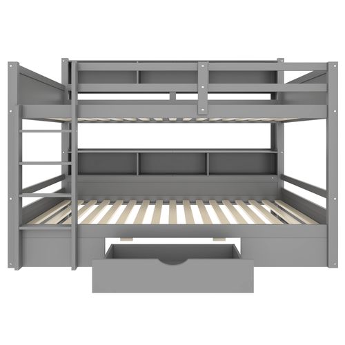 Lit Superposé 90x200 Cm, Barrière De Sécurité, 1 Tiroir, 6 Niches Latérales, Bois De Pin, Mdf, Gris